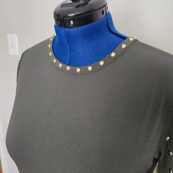 Michael Kors Forest Green Spandex Dress with Gold Studded Embellishments Size L - Picture 3 of 10